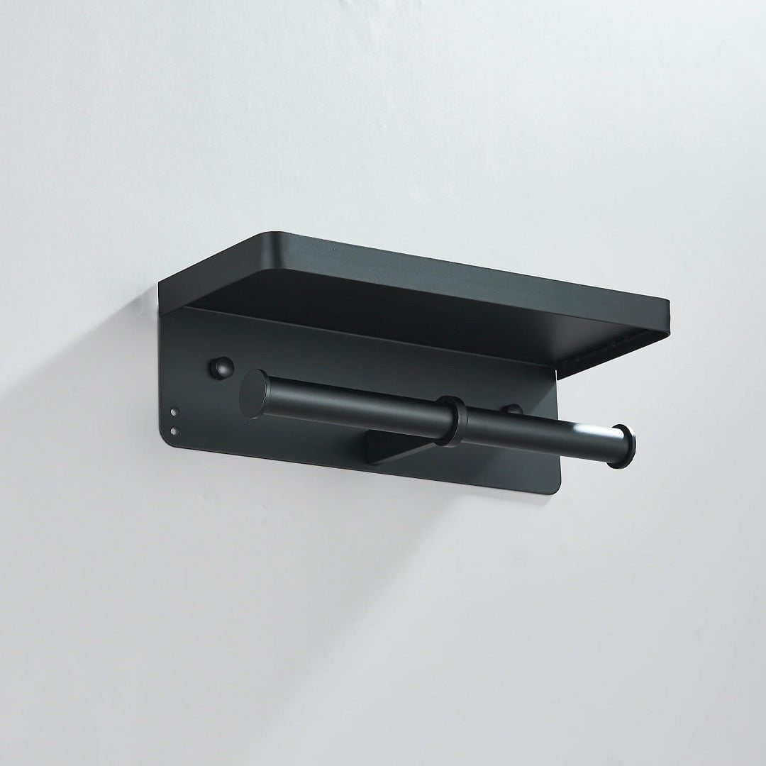 Suport dublu pentru hartie igienica cu raft, negru mat, cod 1695