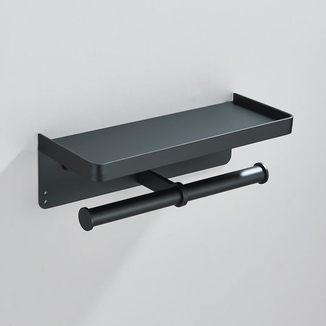 Suport dublu pentru hartie igienica cu raft, negru mat, cod 1695