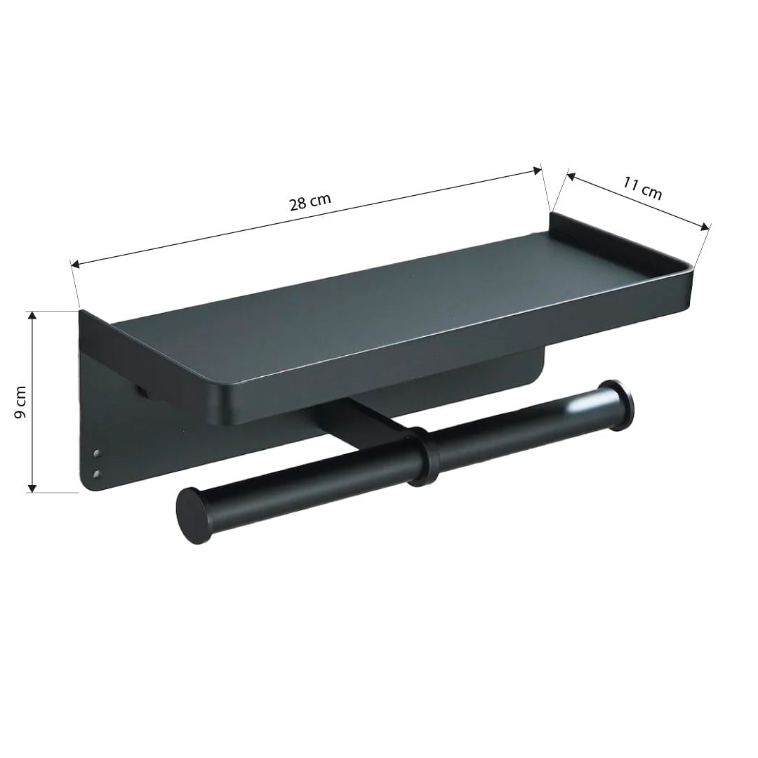 Suport dublu pentru hartie igienica cu raft, negru mat, cod 1695