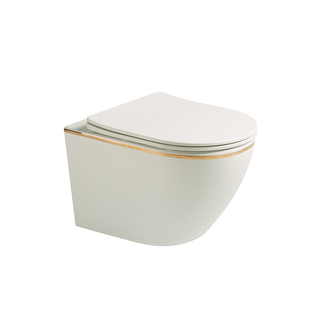 Vas WC Braga, montaj suspendat, din ceramica sanitara, rimless, quick release si soft close, alb lucios cu auriu, Elysium