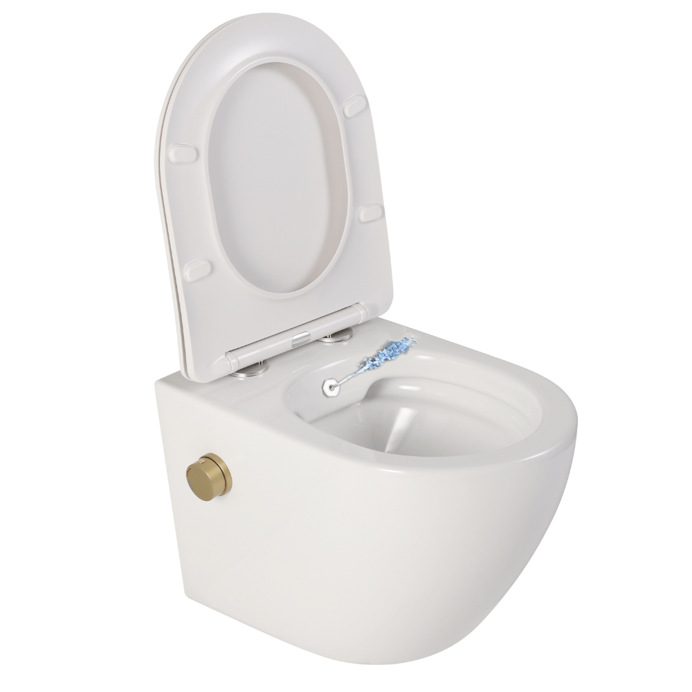 Vas wc suspendat, cu functie bideu, semirotund, rimless, apă calda/rece, capac soft close, baterie aurie, Foglia Oslo