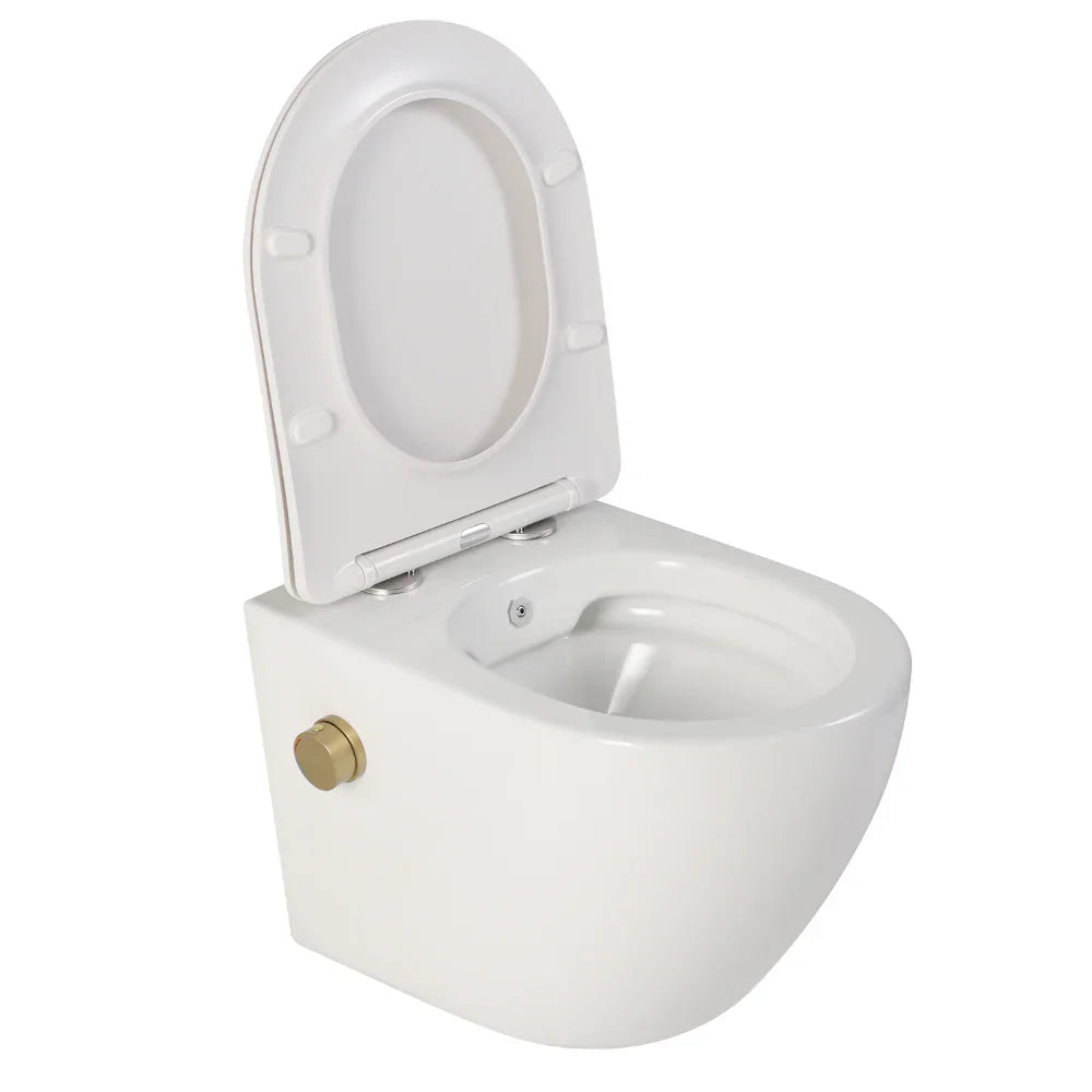 Vas wc suspendat, cu functie bideu, semirotund, rimless, apă calda/rece, capac soft close, baterie aurie, Foglia Oslo