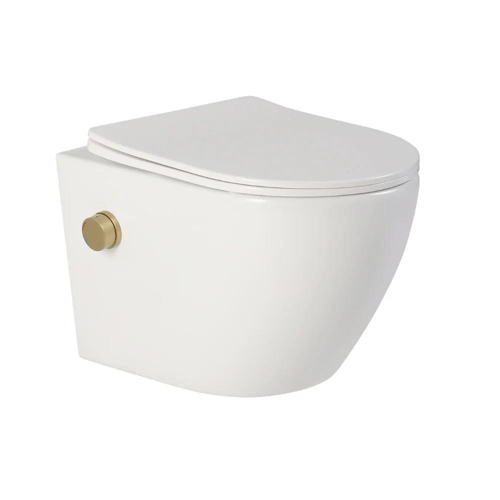 Vas wc suspendat, cu functie bideu, semirotund, rimless, apă calda/rece, capac soft close, baterie aurie, Foglia Oslo