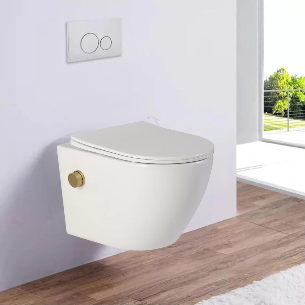 Vas wc suspendat, cu functie bideu, semirotund, rimless, apă calda/rece, capac soft close, baterie aurie, Foglia Oslo
