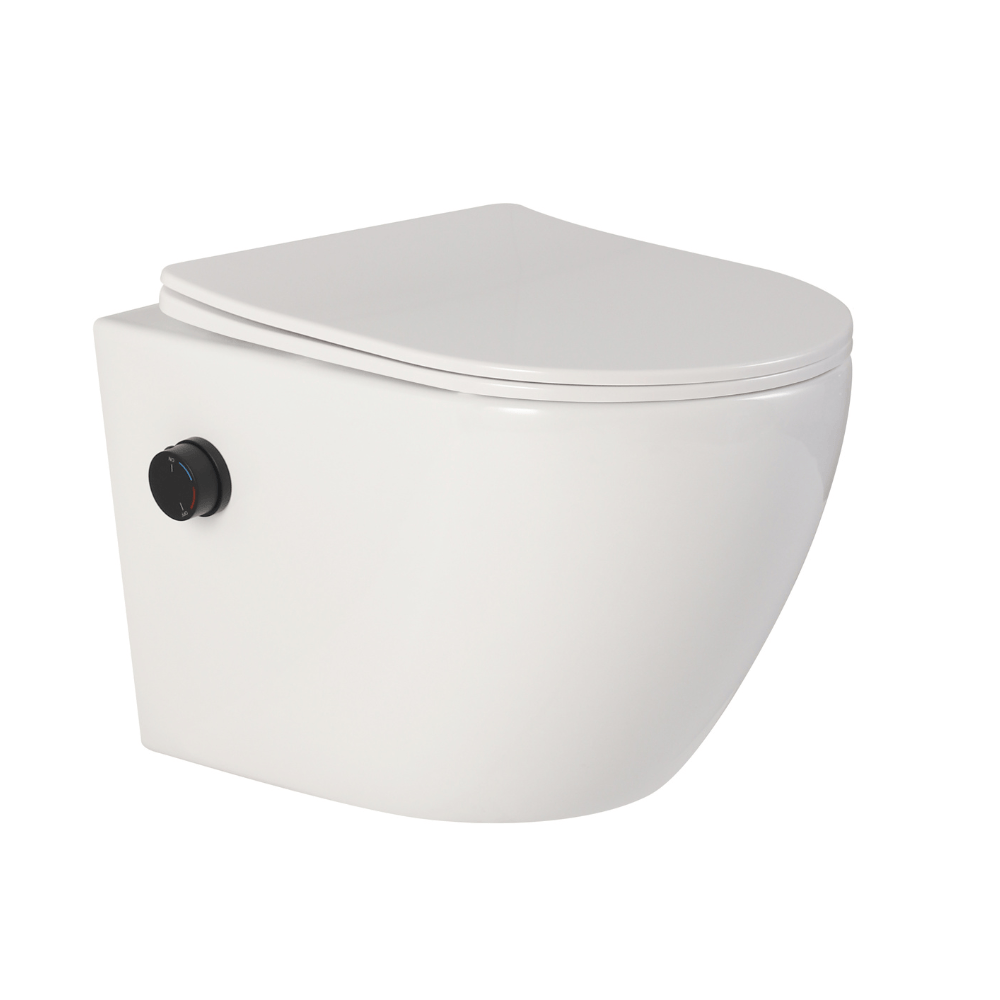 Vas wc suspendat, cu functie bideu, semirotund, rimless, apă calda/rece, capac soft close, baterie negru mat Foglia Oslo