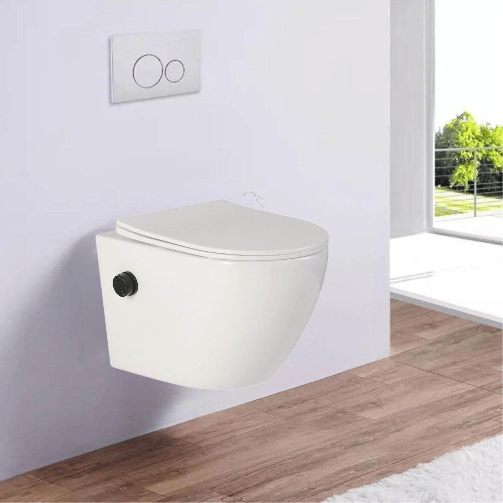 Vas wc suspendat, cu functie bideu, semirotund, rimless, apă calda/rece, capac soft close, baterie negru mat Foglia Oslo