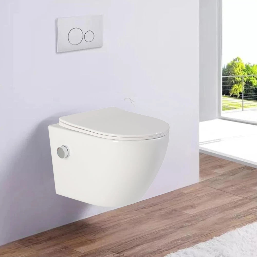 Vas wc suspendat Foglia cu functie de bideu, semirotund, rimless, baterie bideu crom