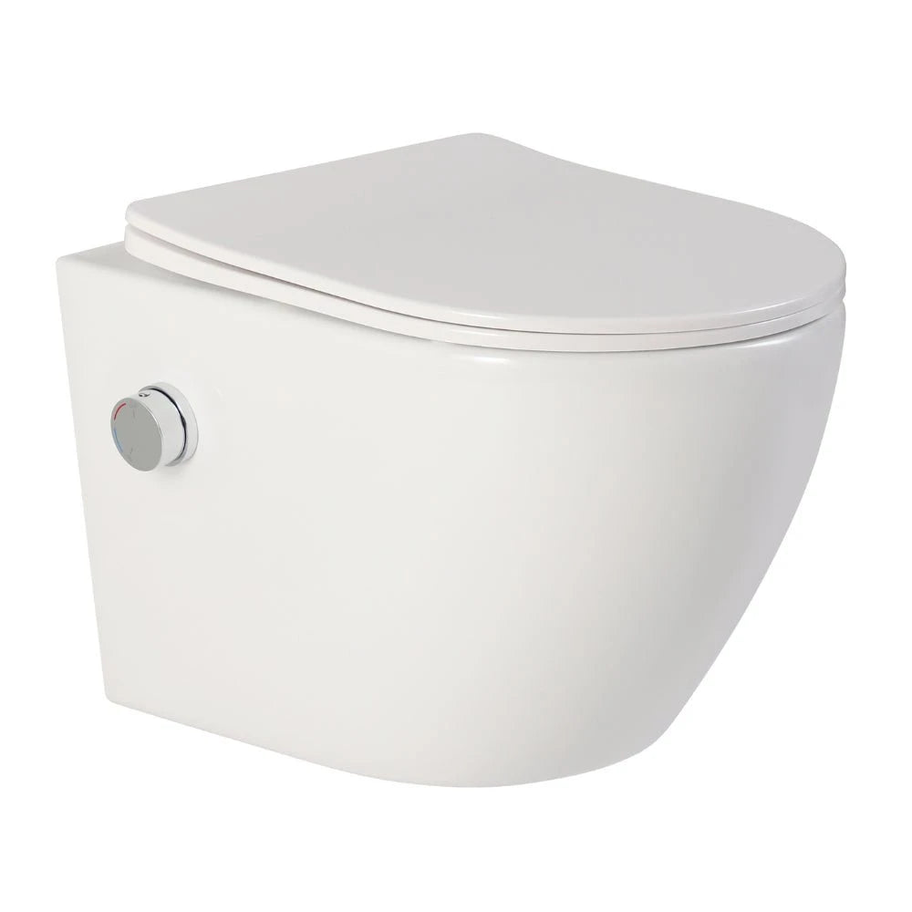 Vas wc suspendat Foglia cu functie de bideu, semirotund, rimless, baterie bideu crom