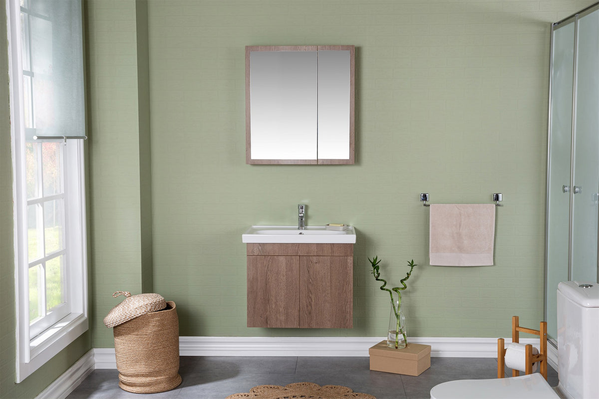 Set dulap de baie cu oglinda si lavoar, imitatie lemn