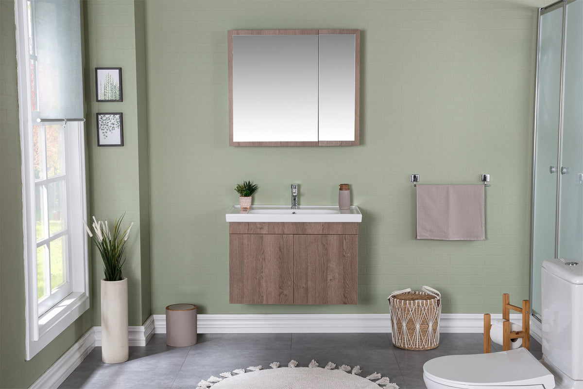 Set dulap de baie cu oglinda si lavoar, imitatie lemn maro