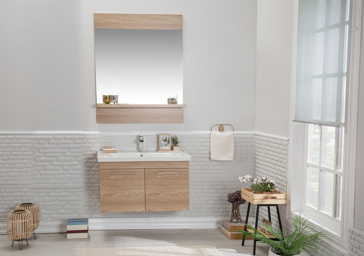 Set mobilier de baie cu oglindă si lavoar, imitație lemn