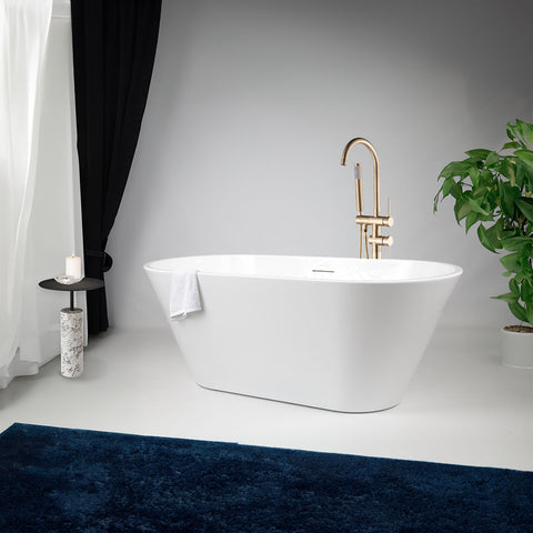 Set Cadă de baie freestanding Corsica, 170x80x55, alb lucios + baterie de podea cu cadru rotund si rotire 360 grade, auriu nichelat