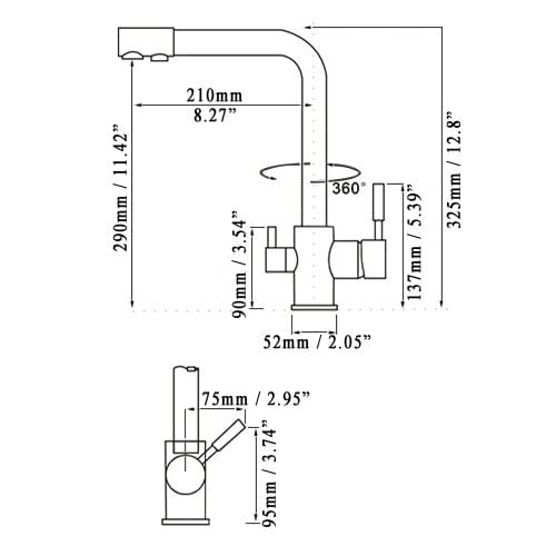 Baterie bucatarie cu 3 cai pentru filtru de purificare, auriu antichizat, cod 1211