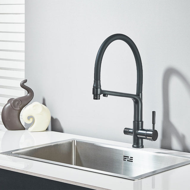 Baterie bucatarie cu 3 cai pentru filtru de purificare si 2 functii de curgere a apei, negru mat, cod 1666