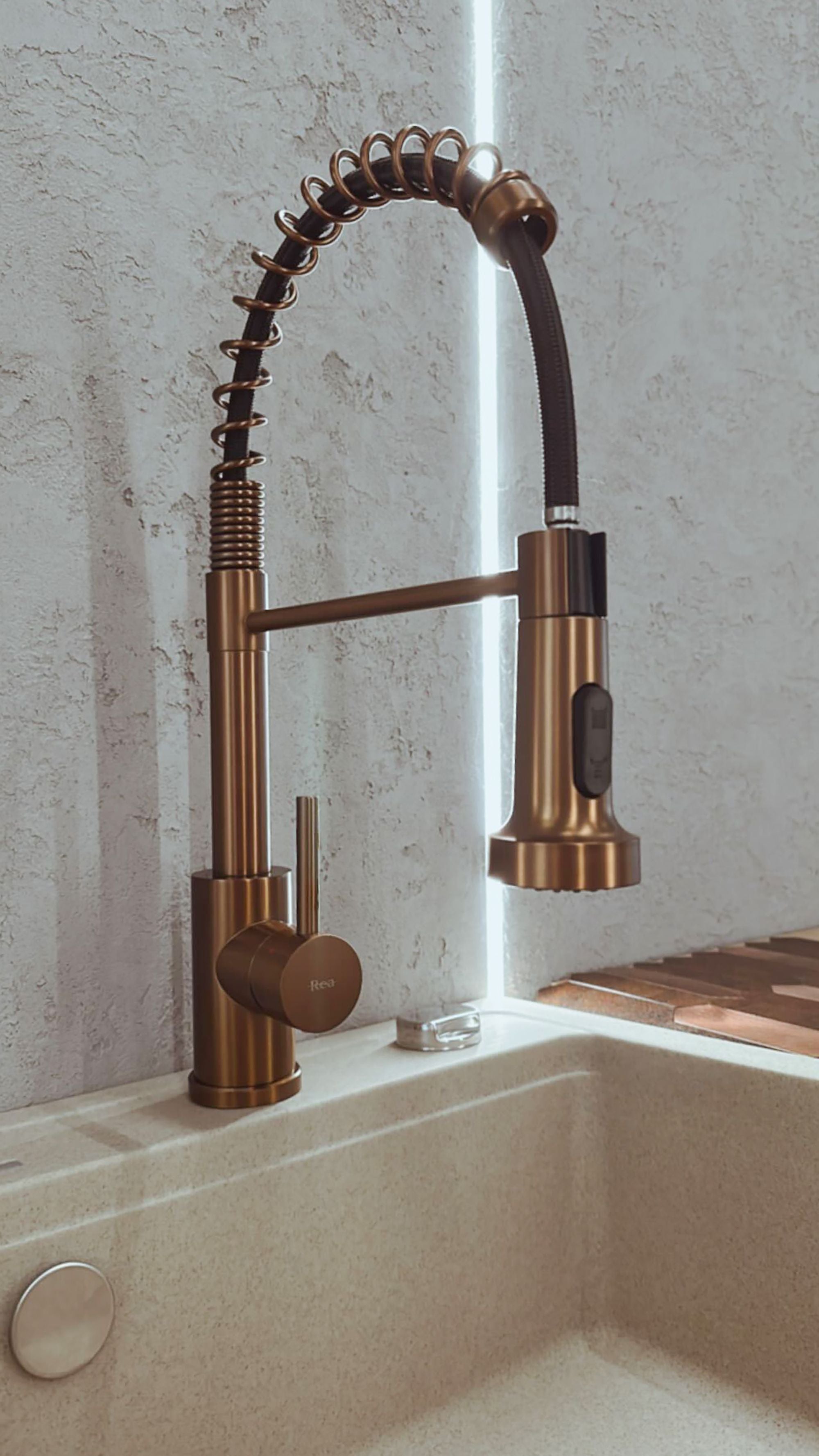 Baterie bucatarie Rea Colin, cu dus flexibil, 2 functii de curgere, cupru periat