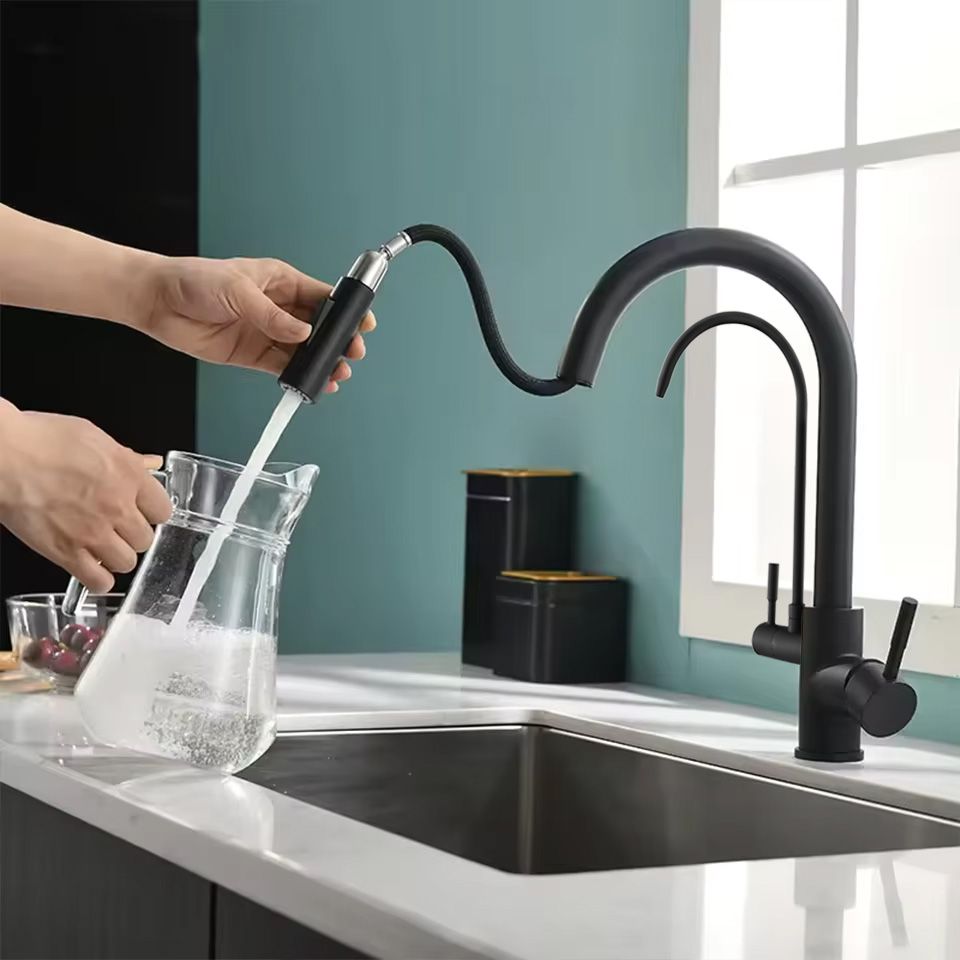Baterie bucatarie Rea Eco Fresh, cu 3 cai pentru filtru de purificare si dus extractibil, negru mat