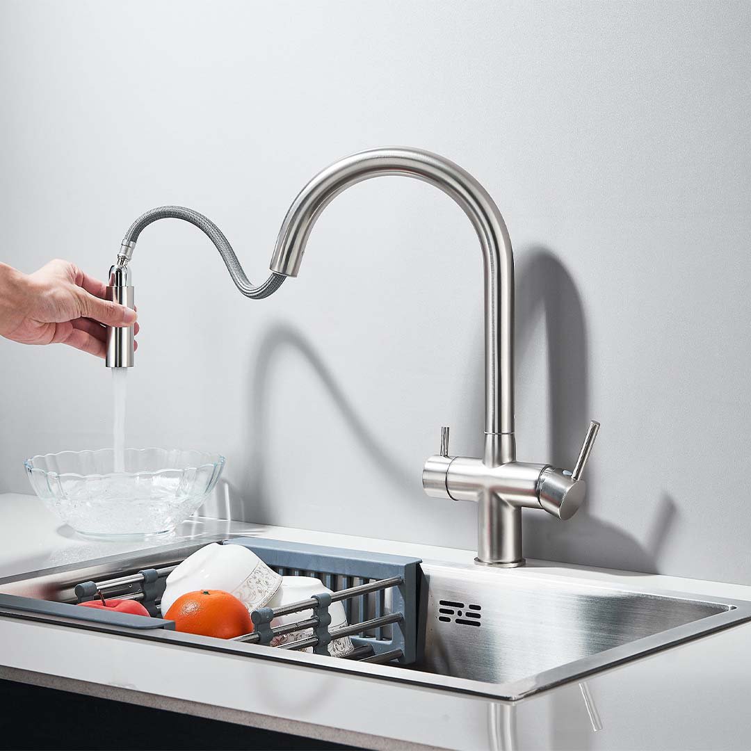 Baterie cu filtru de purificare si dus extractibil, argintiu mat, cod 1677