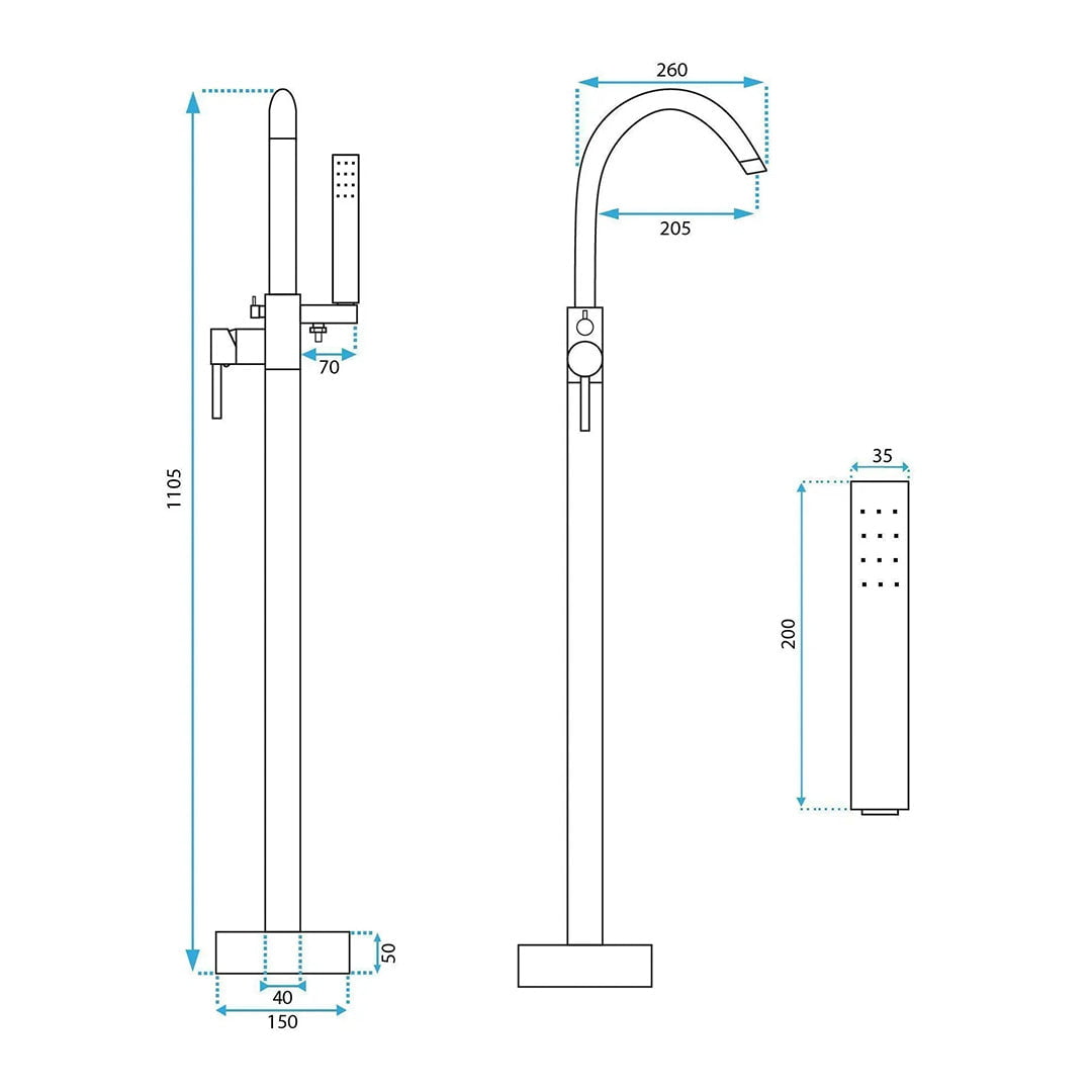 Baterie freestanding Rea Lungo, din alama sanitara si otel inoxidabil, 110 cm, gri titan