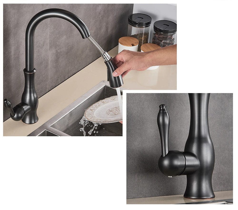 Baterie profesionala de bucatarie, negru cu bronz pe margine cu furtun extractibil si 2 functii de curgere, cod 1280