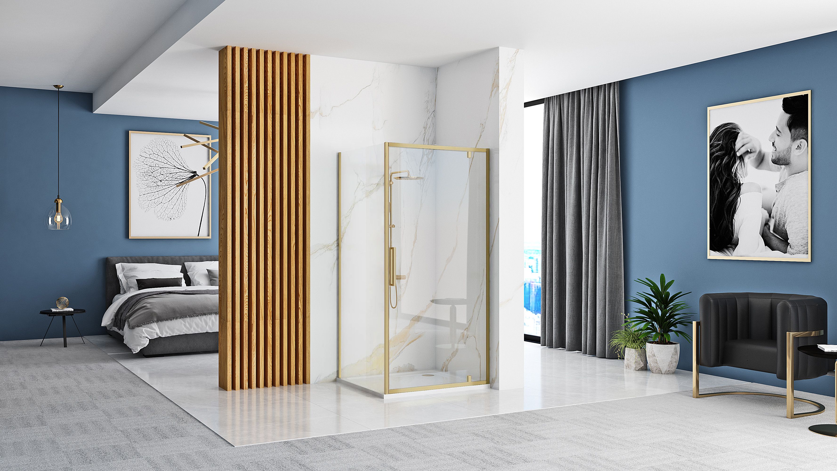 Cabină de duș de colț Rea Rapid Swing, auriu periat, 100x80 cm
