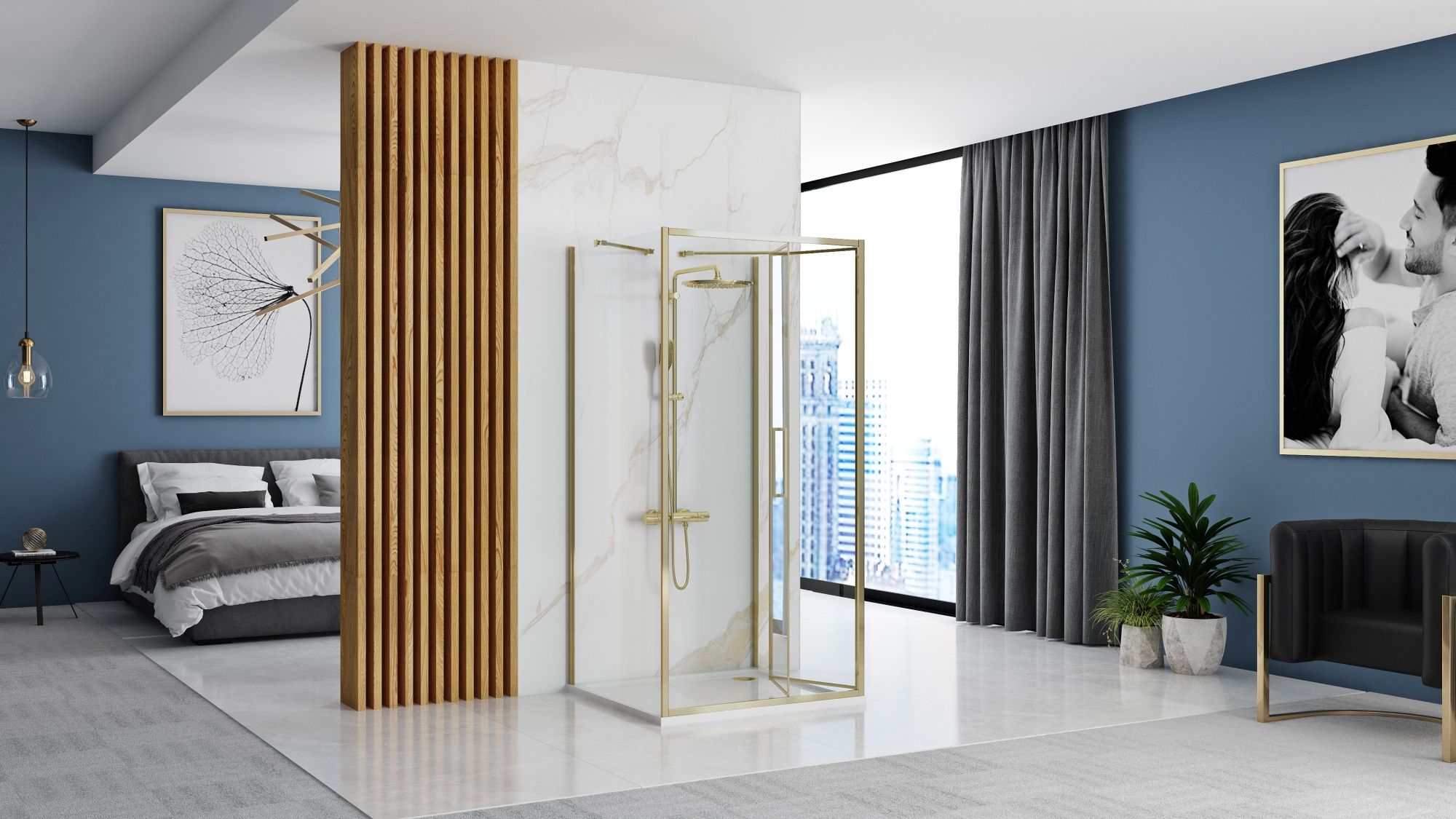 Cabină de duș de perete Rea Rapid Fold, auriu, 80x100 cm