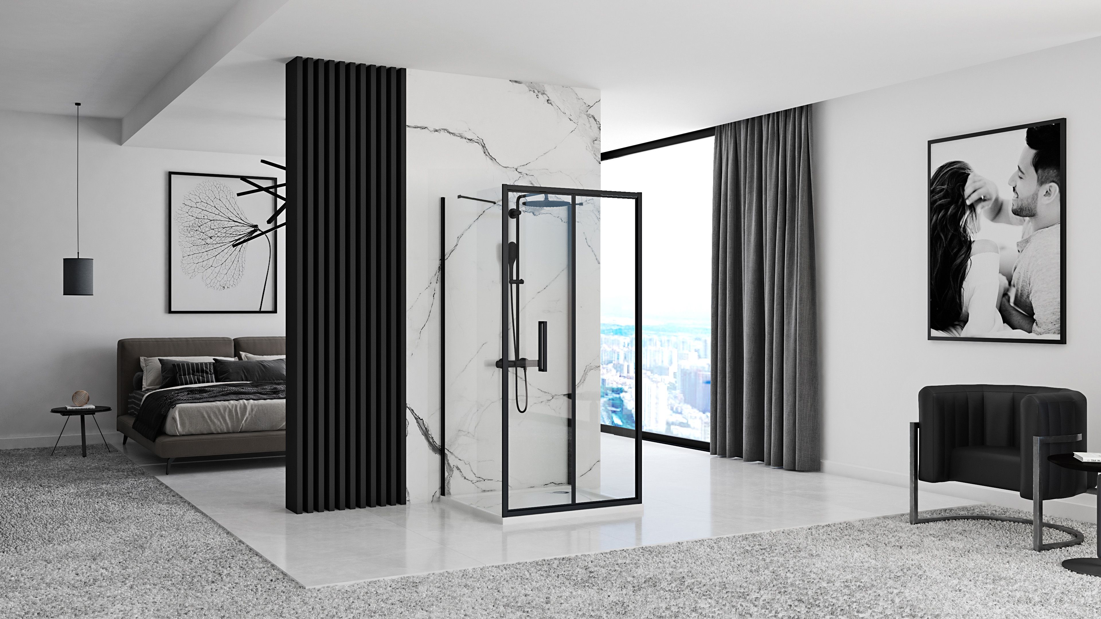 Cabină de duș de perete Rea Rapid Fold, negru, 80x80 cm