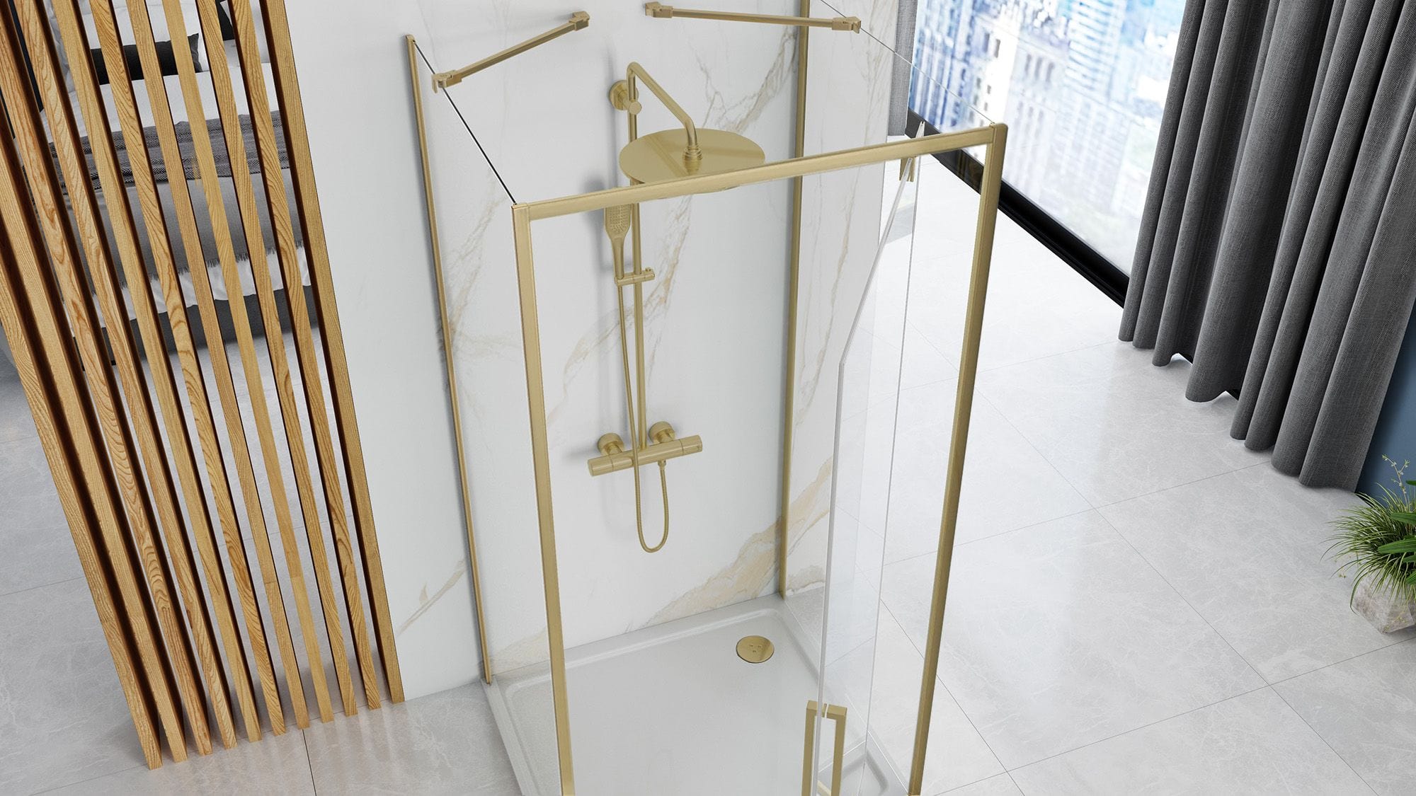Cabină de duș de perete Rea Rapid Swing, auriu periat, 90x90 cm