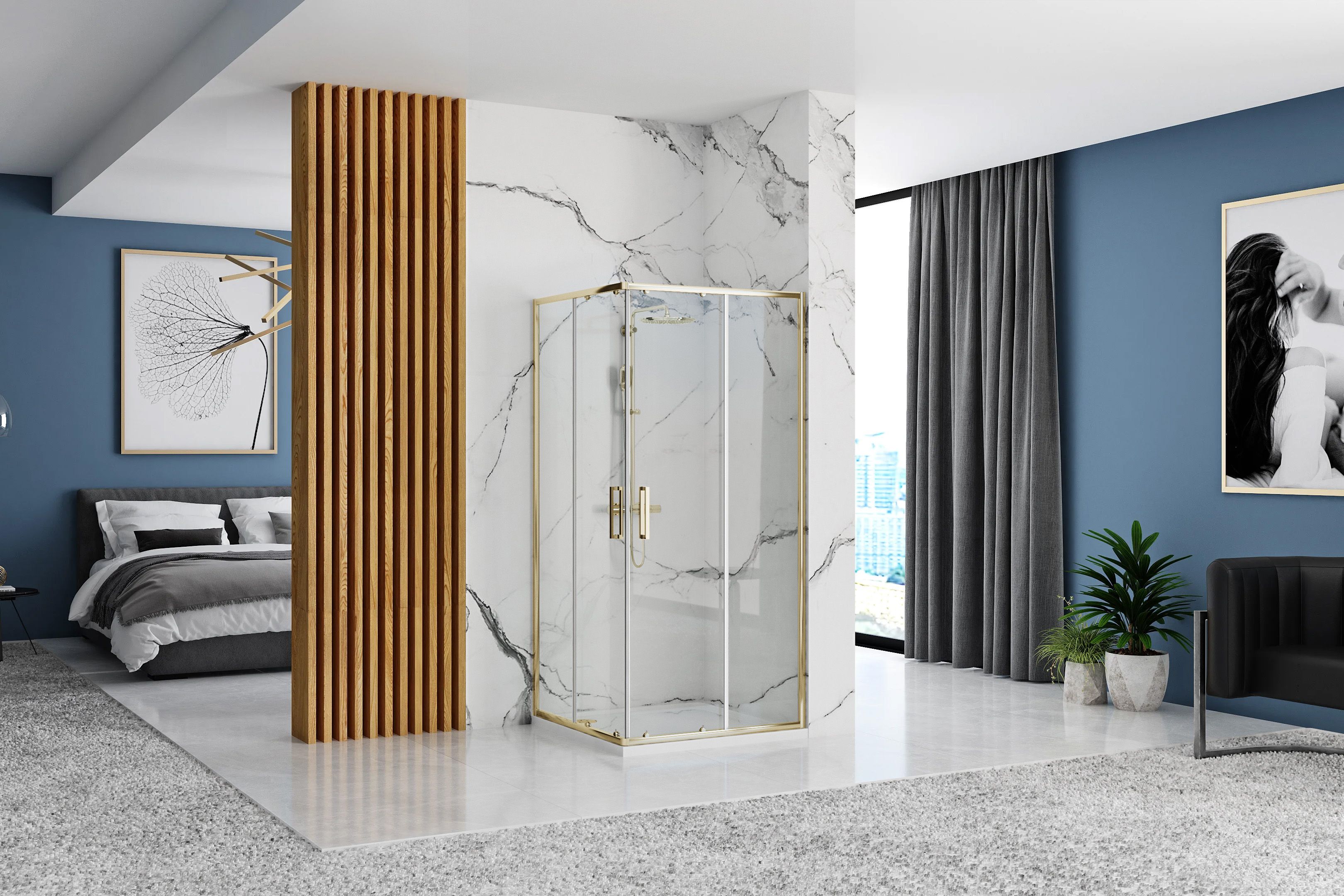 Cabina de dus de colt Rea Punto, auriu lucios, 90x90 cm