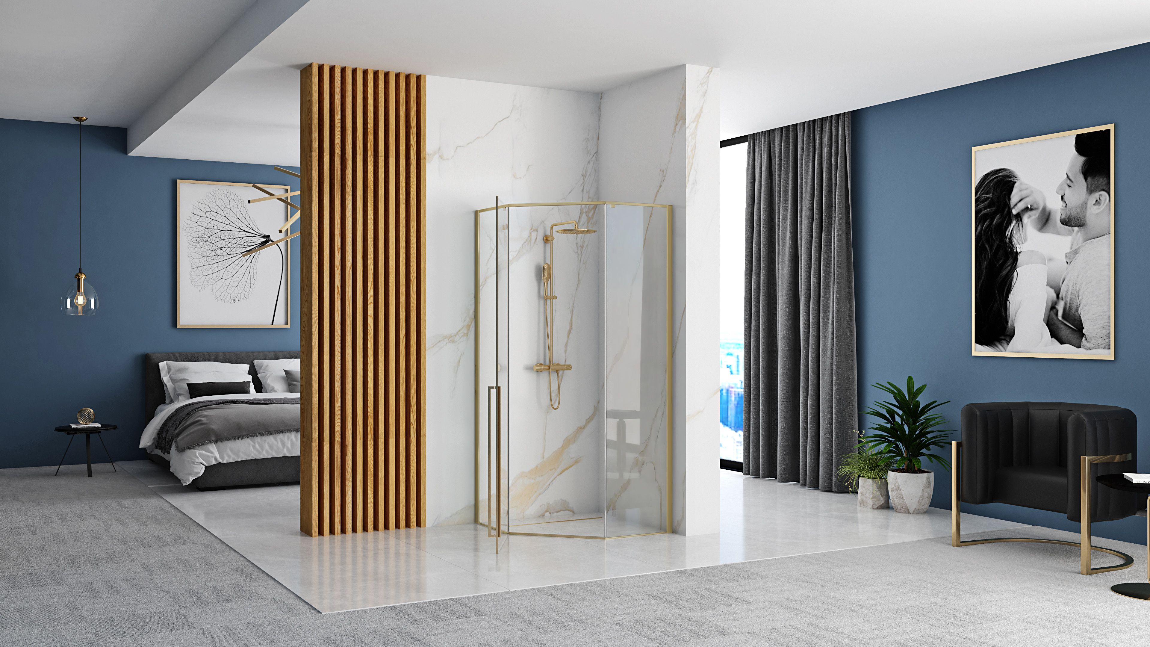 Cabina dus Rea Diamond 90x90 cm – profil auriu periat