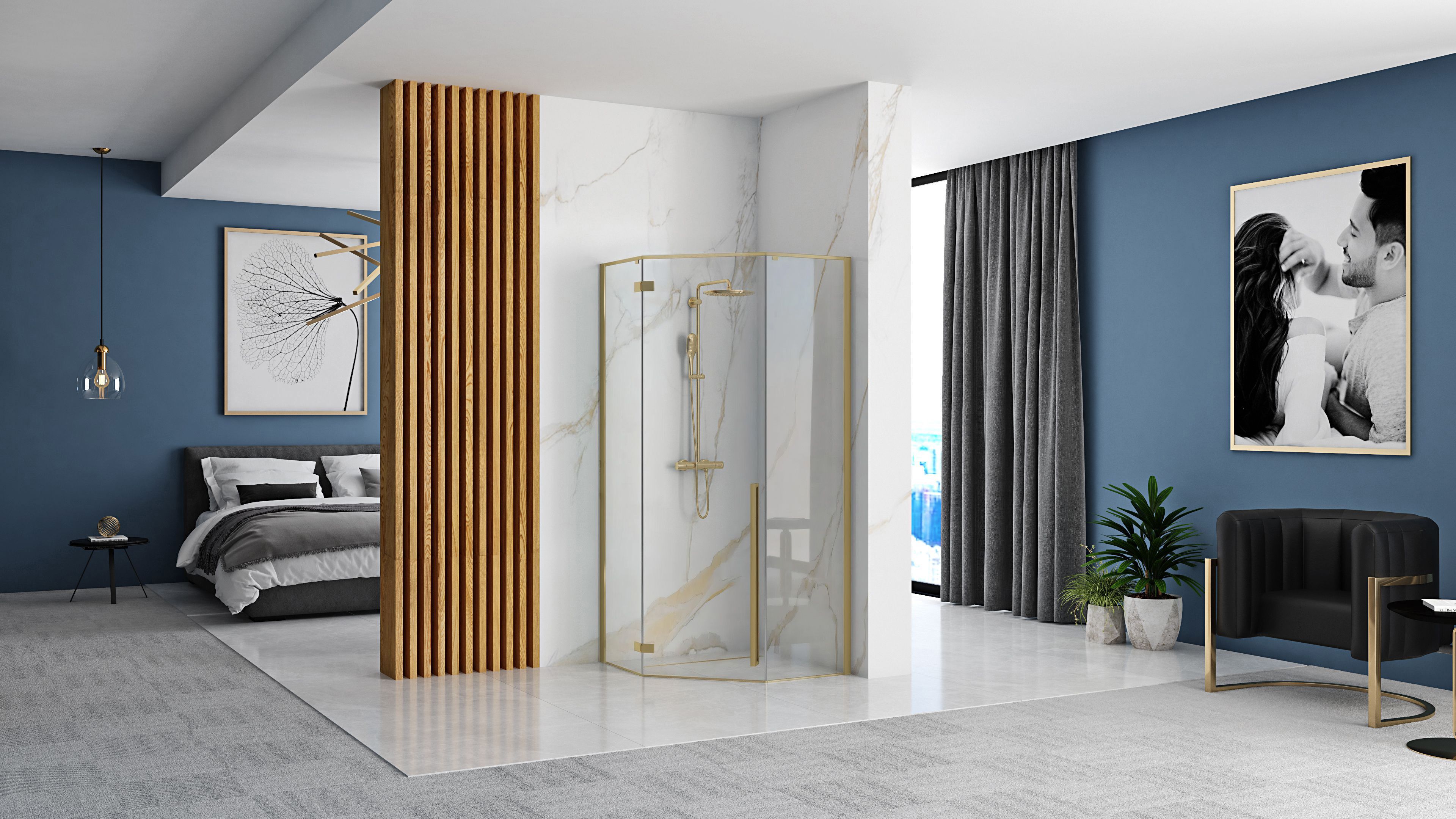 Cabina dus Rea Diamond 90x90 cm – profil auriu periat