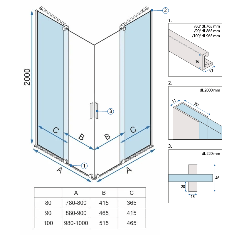 Cabina dus Rea Montana Double 80x100 cm – profil auriu periat