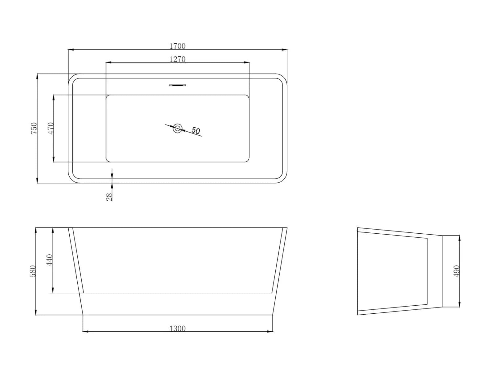 Cada baie freestanding, forma dreptunghiulara, 170 x 75 cm