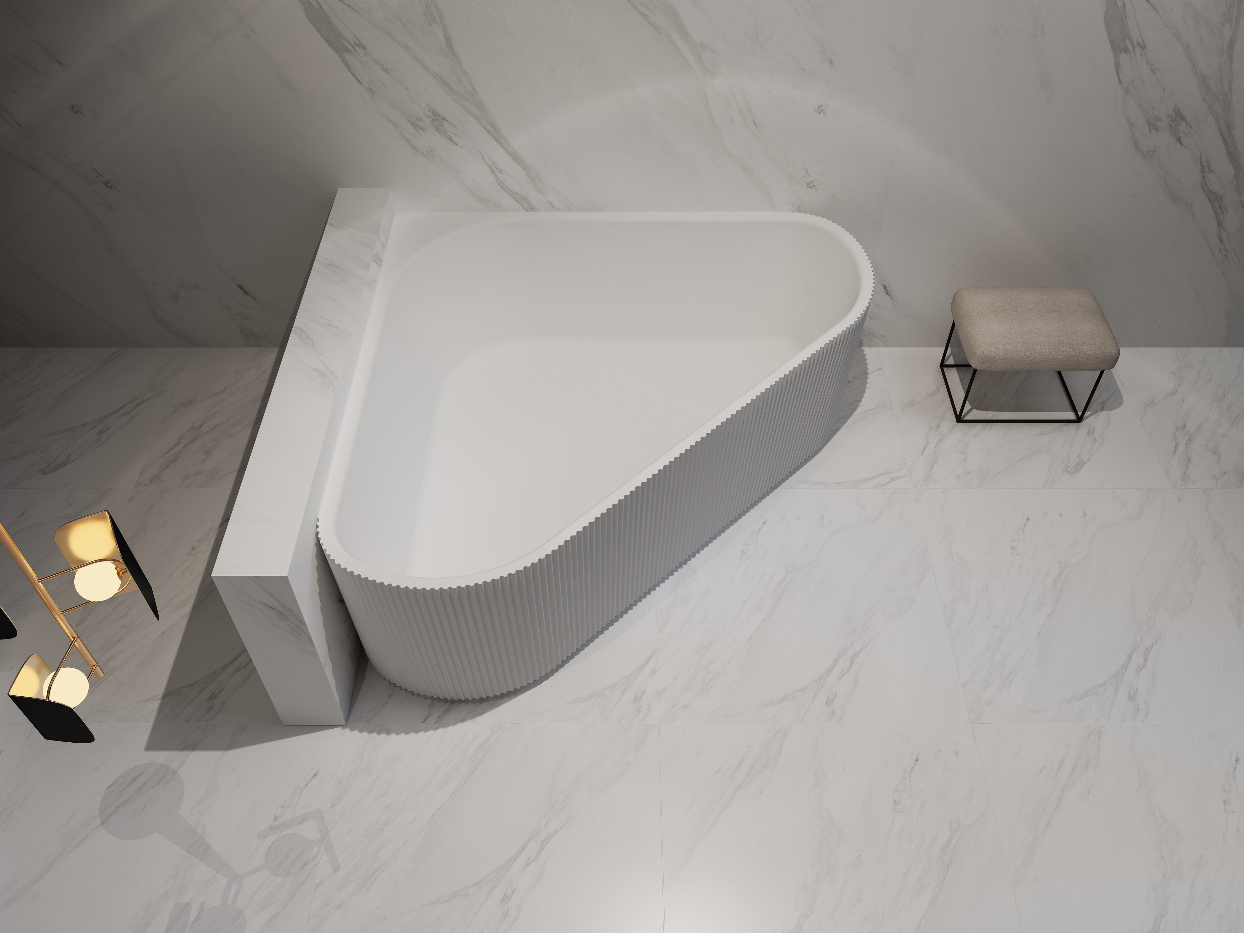 Cada de baie, de colt, 1500x1500x580, din acril, alb lucios, riflat, MonBlari