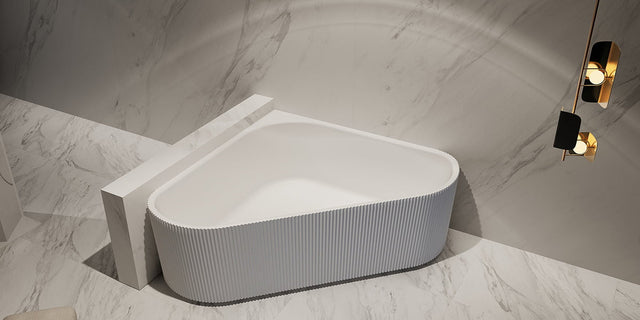 Cada de baie, de colt, 1500x1500x580, din acril, alb lucios, riflat, MonBlari