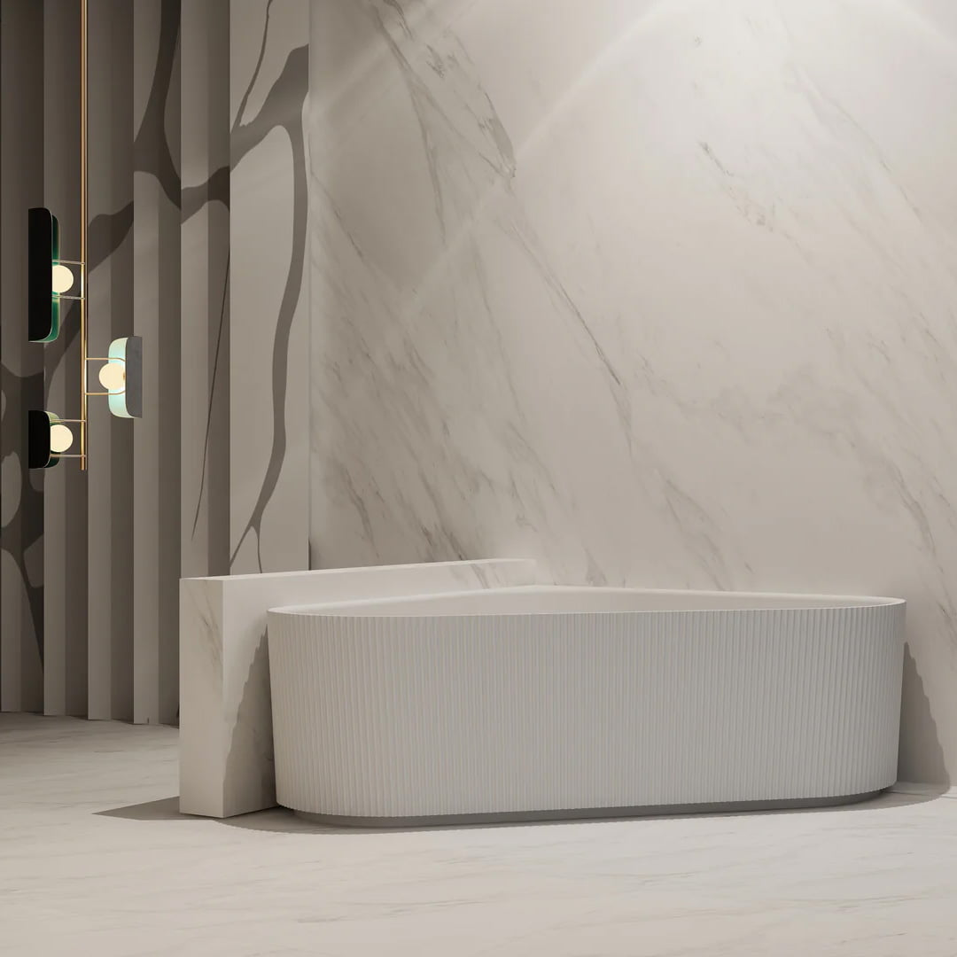Cada de baie, de colt, 1500x1500x580, din acril, alb lucios, riflat, MonBlari
