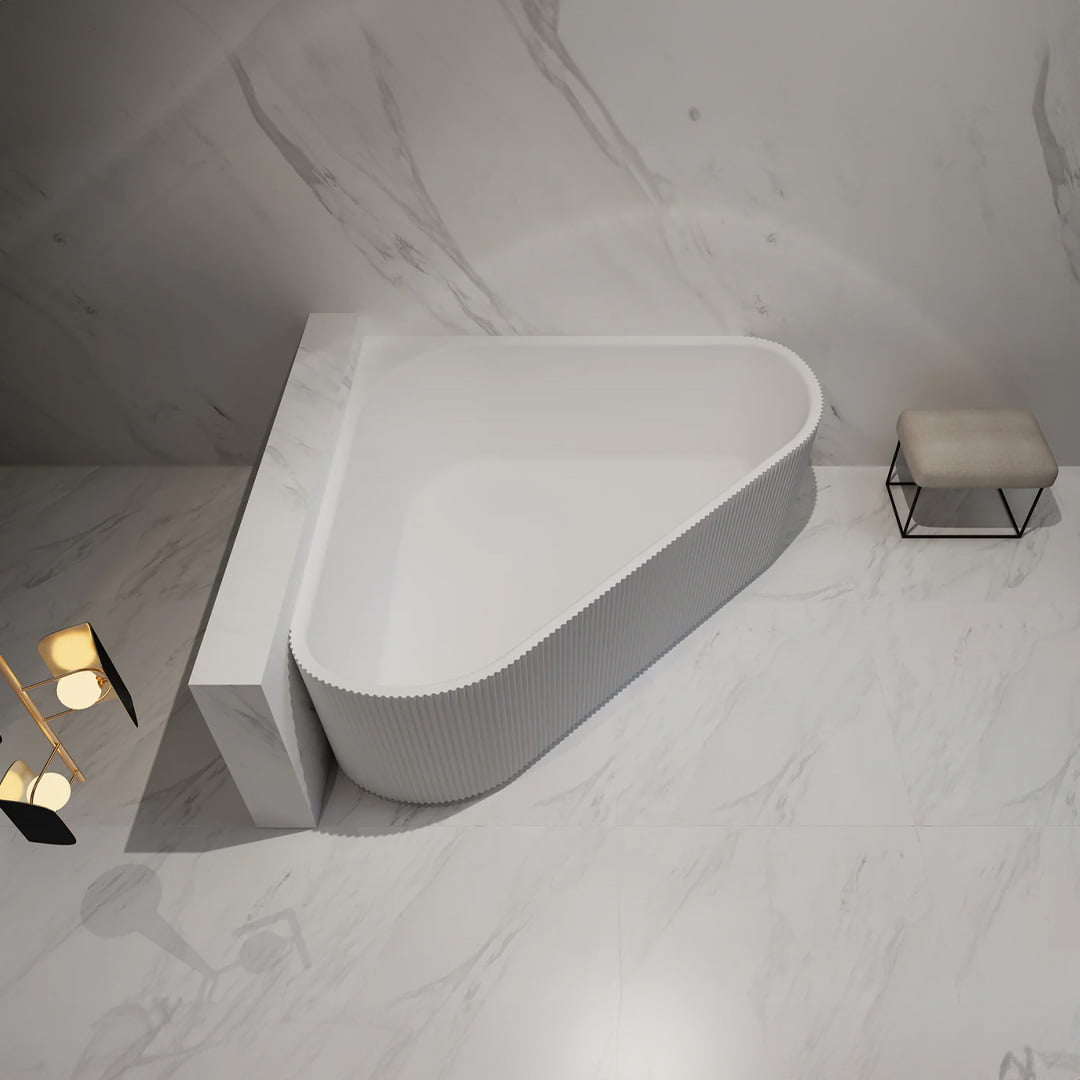 Cada de baie, de colt, 1500x1500x580, din acril, alb lucios, riflat, MonBlari