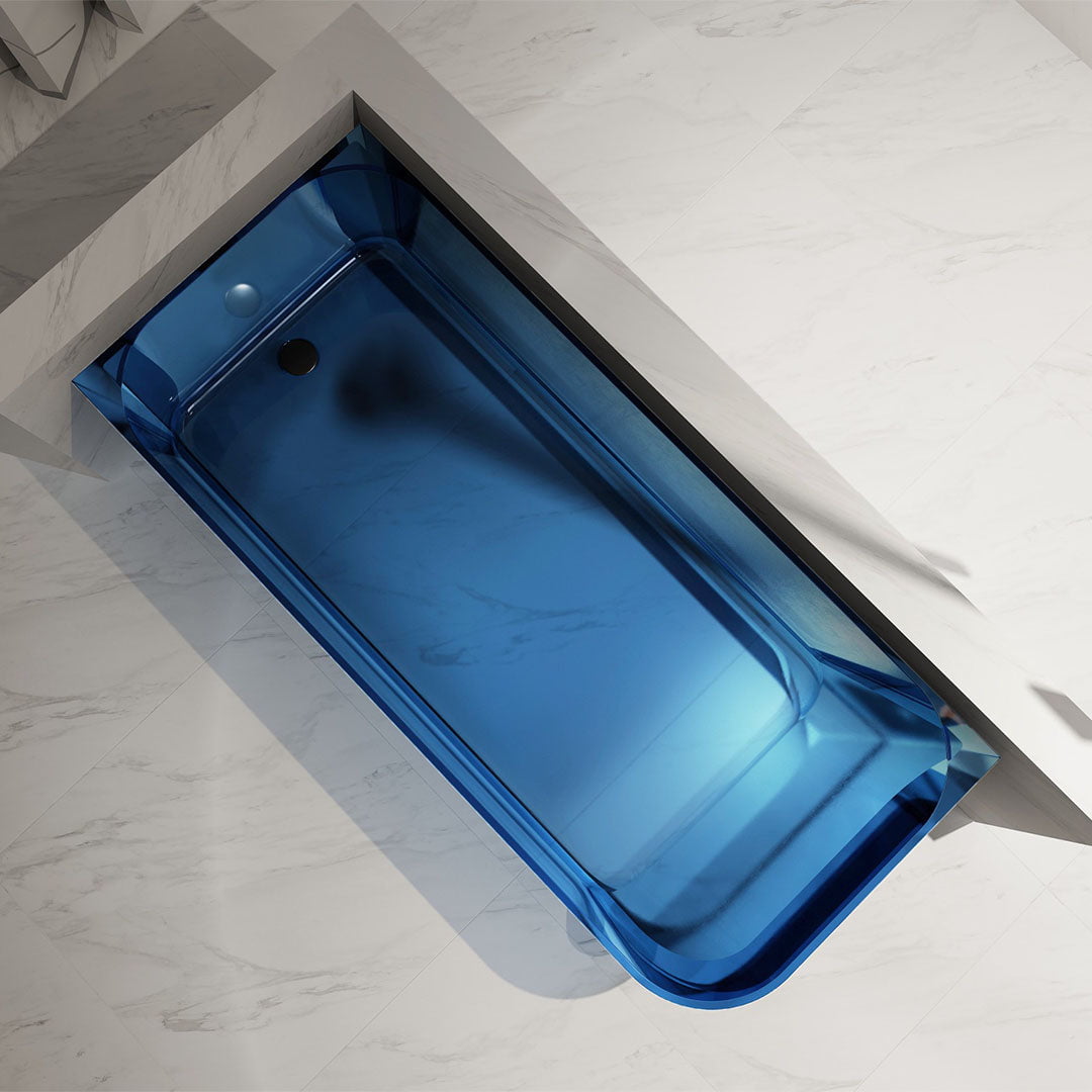 Cada de baie, de colt, 1500x720x550, din rasina, dreptunghiulara, albastru transparent, MonBlari