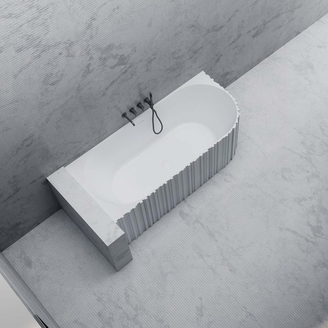 Cada de baie, de colt, 1700x750x550mm, ovala, din compozit, alb, riflaj vertical, MonBlari