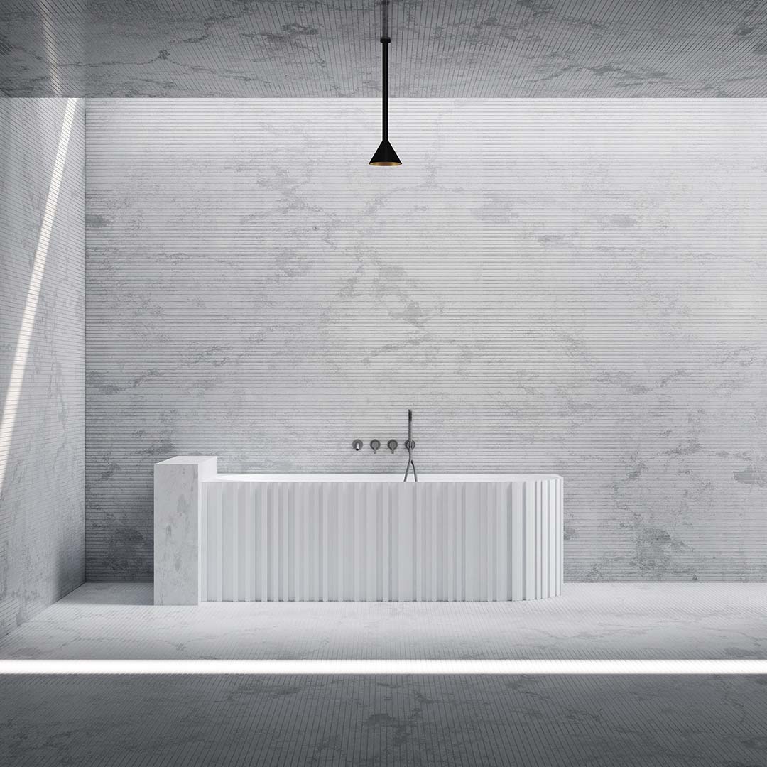 Cada de baie, de colt, 1700x750x550mm, ovala, din compozit, alb, riflaj vertical, MonBlari