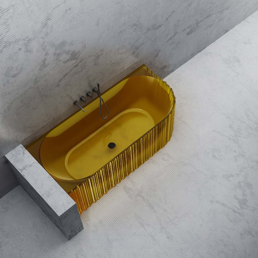 Cada de baie, de colt, 1700x750x550mm, ovala, din compozit, galben transparent, finisaj mat, MonBlari