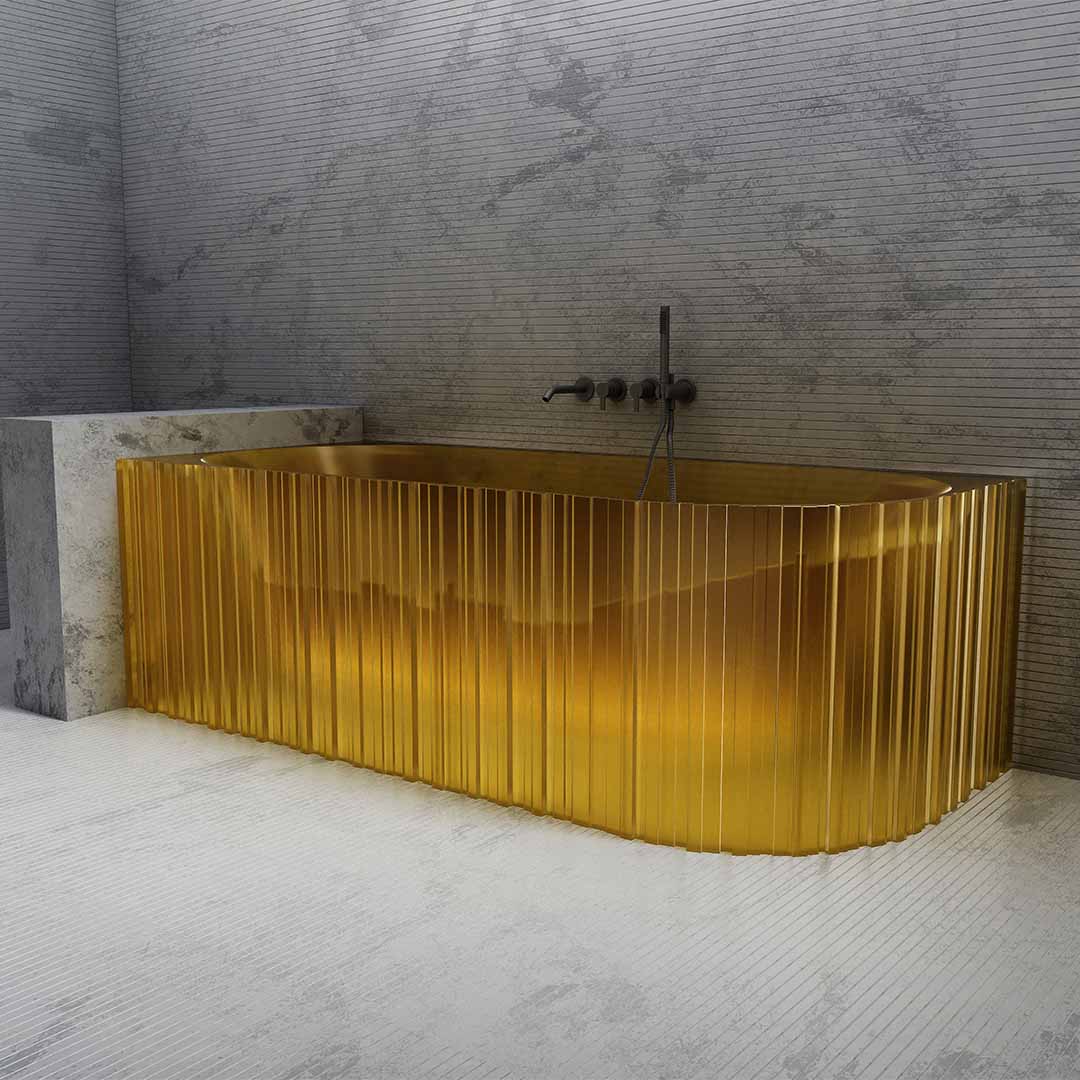 Cada de baie, de colt, 1700x750x550mm, ovala, din compozit, galben transparent, finisaj mat, MonBlari