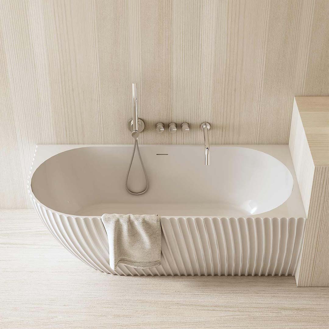 Cada de baie, de colt, 1700x800x580 mm, din compozit, ovala, alb mat, cu riflaje, MonBlari