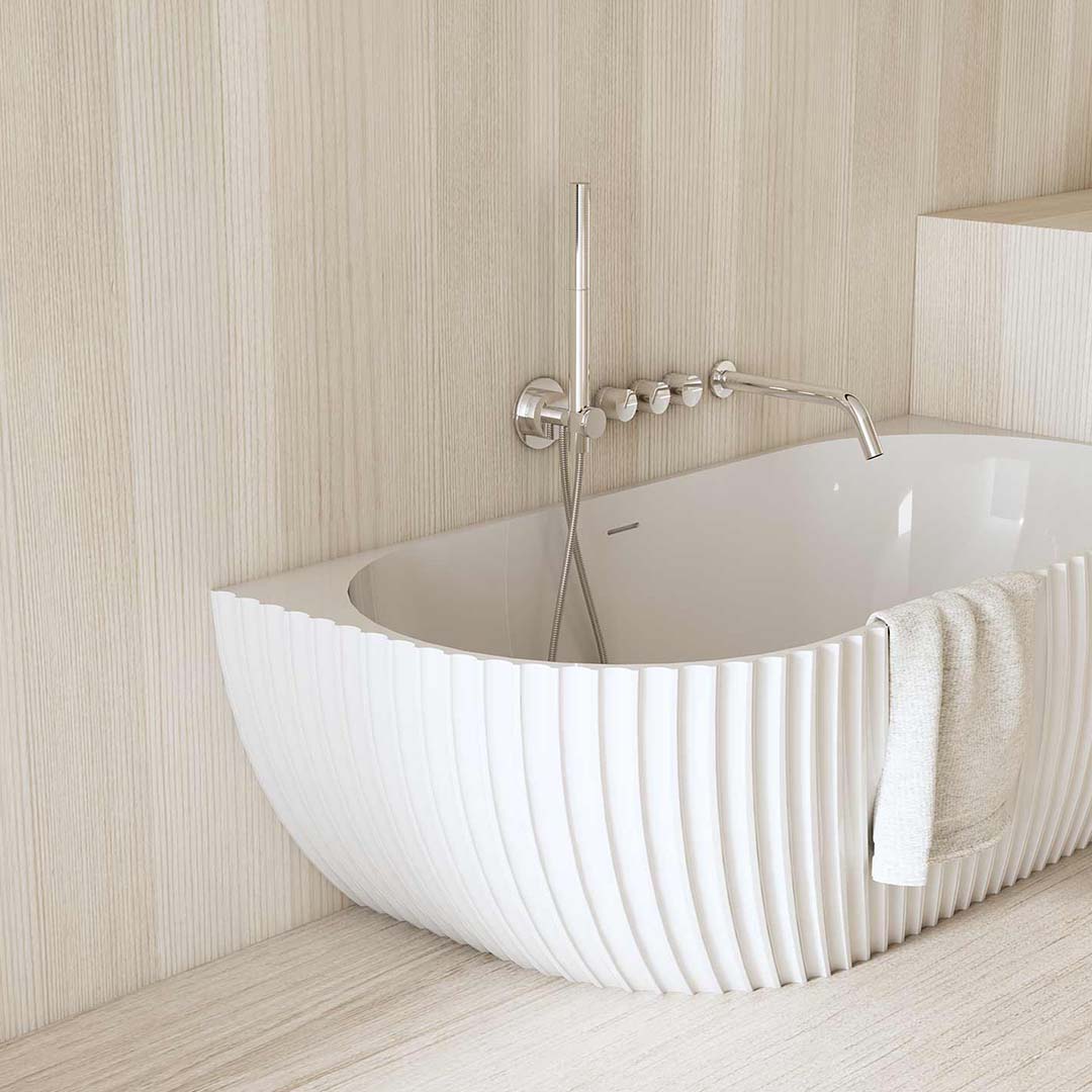 Cada de baie, de colt, 1700x800x580 mm, din compozit, ovala, alb mat, cu riflaje, MonBlari