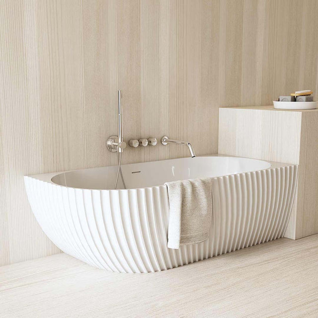 Cada de baie, de colt, 1700x800x580 mm, din compozit, ovala, alb mat, cu riflaje, MonBlari