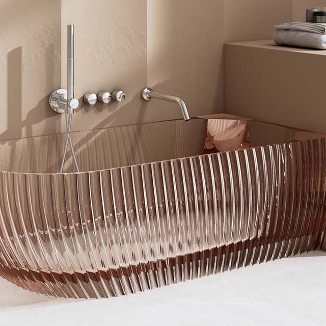 Cada de baie, de colt, 1700x800x580 mm, din rasina, ovala, roz transparent, cu riflaje, MonBlari