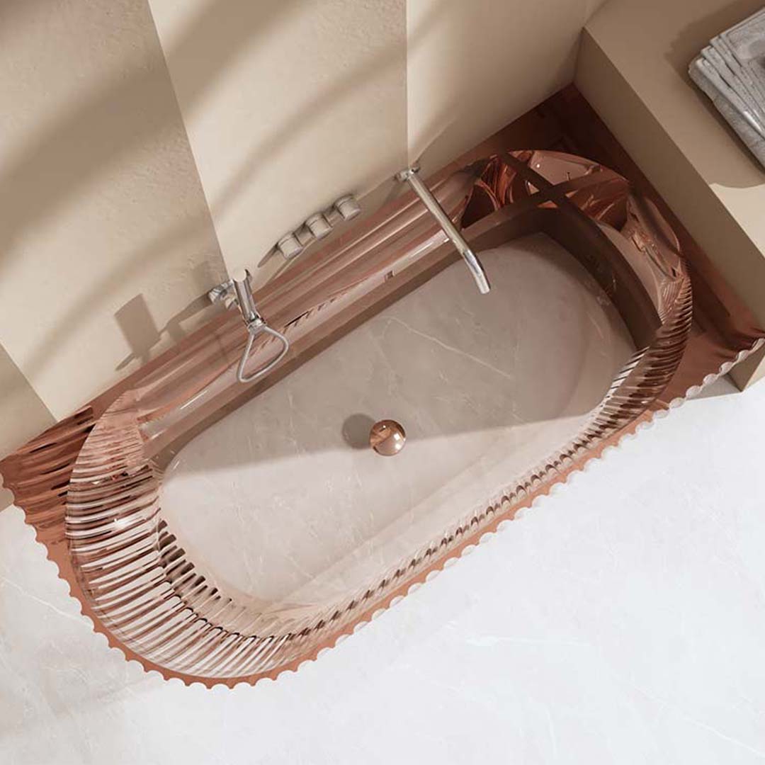 Cada de baie, de colt, 1700x800x580 mm, din rasina, ovala, roz transparent, cu riflaje, MonBlari