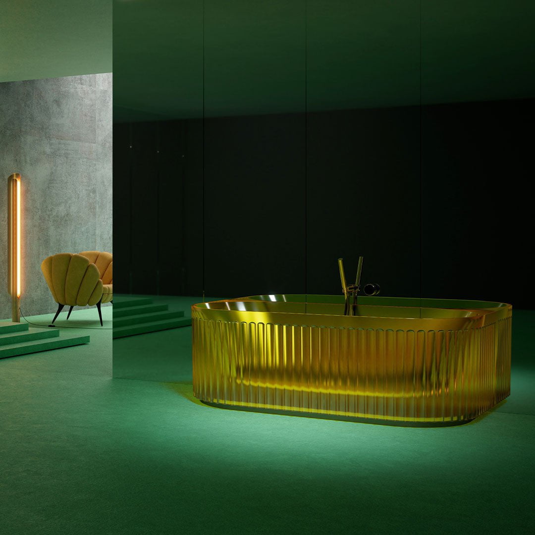 Cada de baie, de perete, 1700x800x550mm, semi-ovala, din rasina, galben transparent, finisaj mat, MonBlari