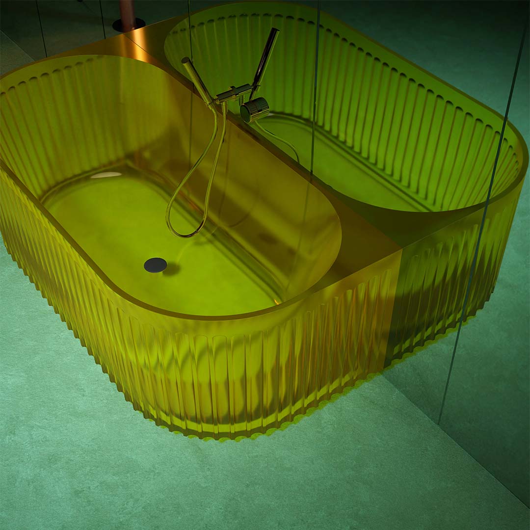 Cada de baie, de perete, 1700x800x550mm, semi-ovala, din rasina, galben transparent, finisaj mat, MonBlari