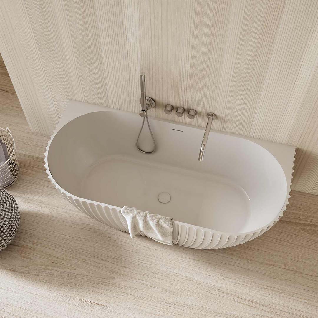 Cada de baie, de perete, 1700x800x580 mm, din compozit, ovala, alb mat, cu riflaje, MonBlari