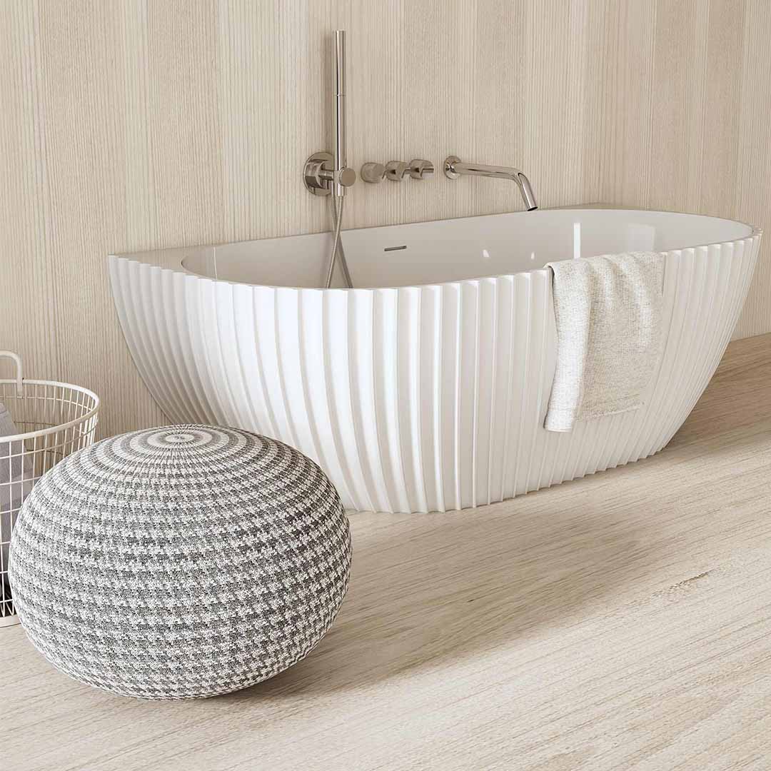 Cada de baie, de perete, 1700x800x580 mm, din compozit, ovala, alb mat, cu riflaje, MonBlari